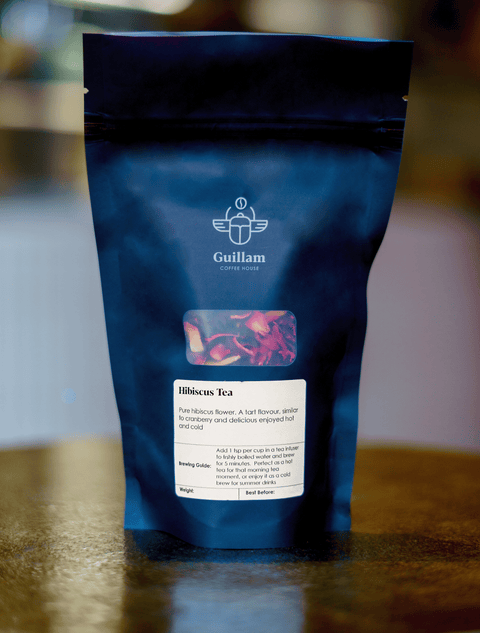 Hibiscus tea herbs in a dark blue package