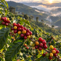 Ripe coffee cherries on a farm in Tarrazú, Costa Rica