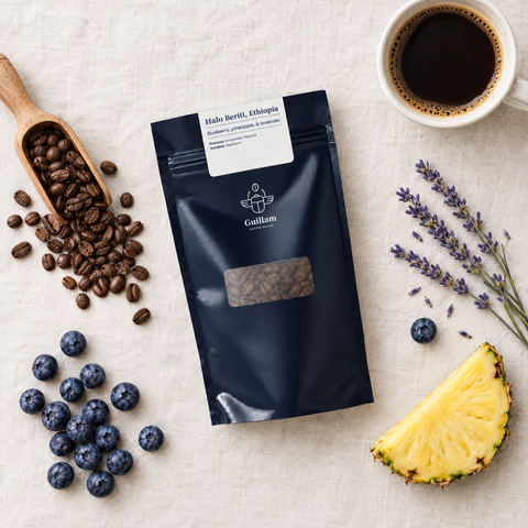 Halo Beriti speciality coffee flat lay with blueberries, pineapple and lavender