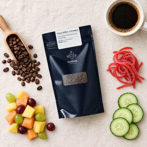 Finca Milán speciality coffee flat lay with fruit cocktail, strawberry laces and cucumber