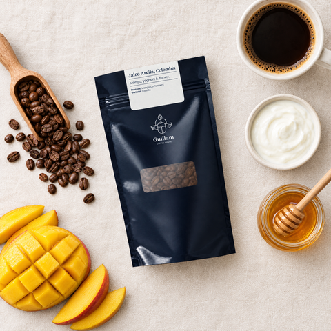Jairo Arcila speciality coffee flat lay with mango, yoghurt and honey
